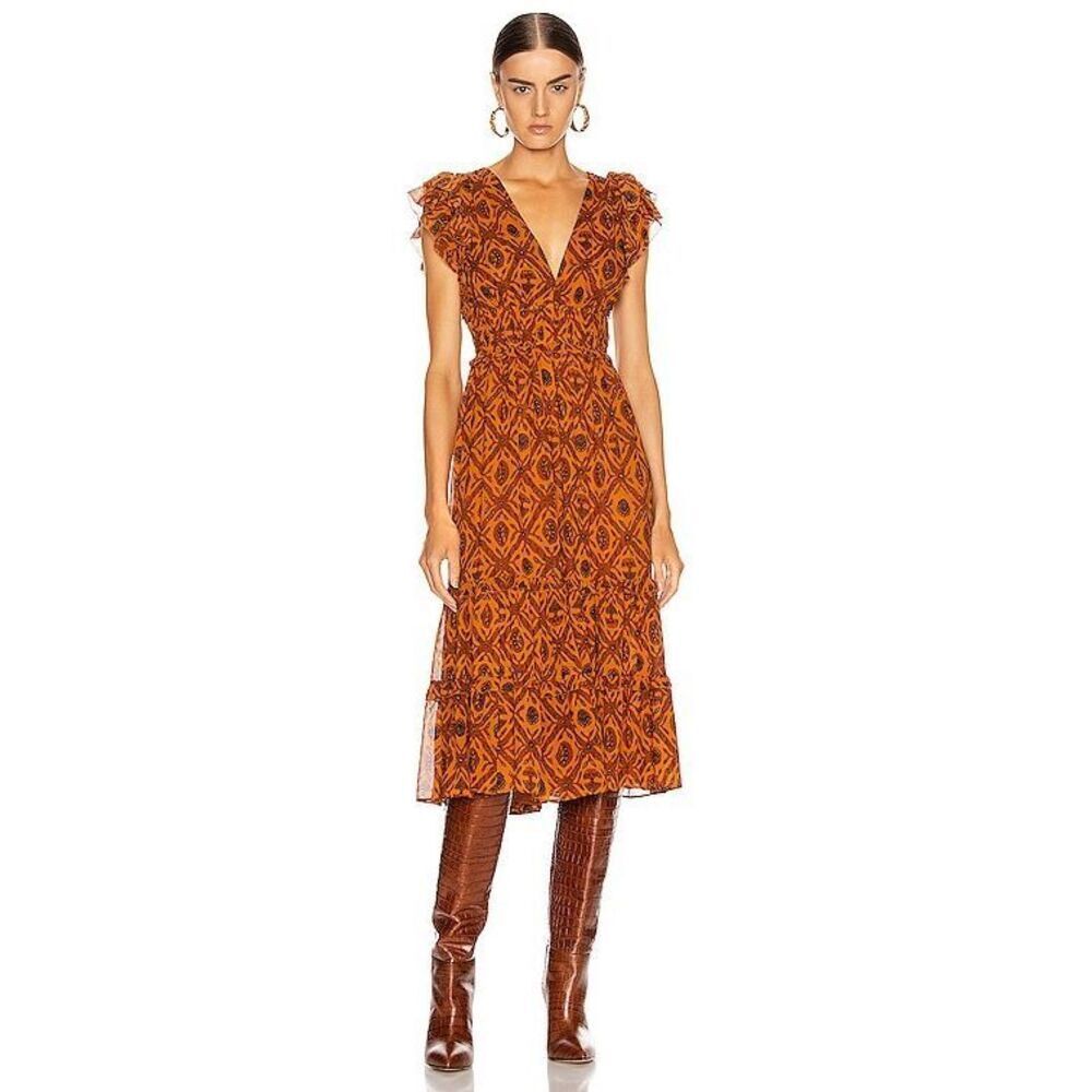 Ulla Johnson Silk Printed Anika Midi Dress in Ochre Size 2